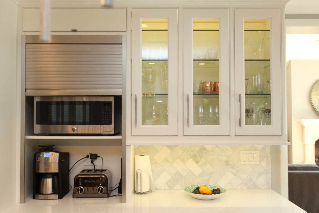 Multi Purpose Beverage Station idea with microwave, glasses, toaster and more in chicago kitchen