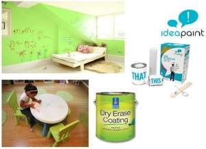 Photos from Idea Paint’s website illustrating different applications of the dry erase system. Above – Paint a kid’s room or a table top for creative outlets. Previous Page – Use it in a kitchen for a reminder board or accent wall or in a game room to keep score. Similar products are offered by both Idea Paint and Sherwin Williams.