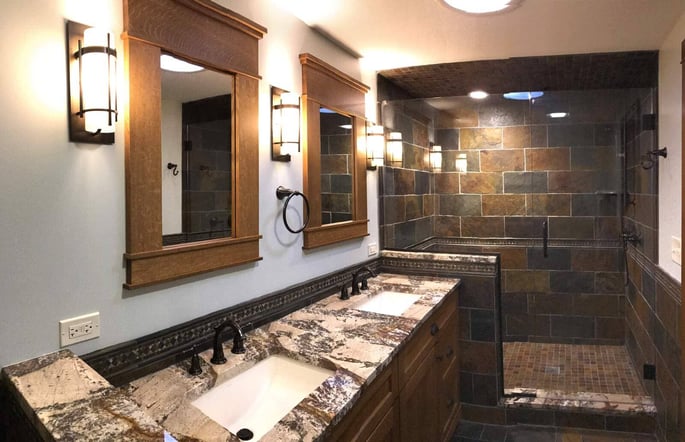 Craftsman bathroom remodel with walk-in shower and double vanity