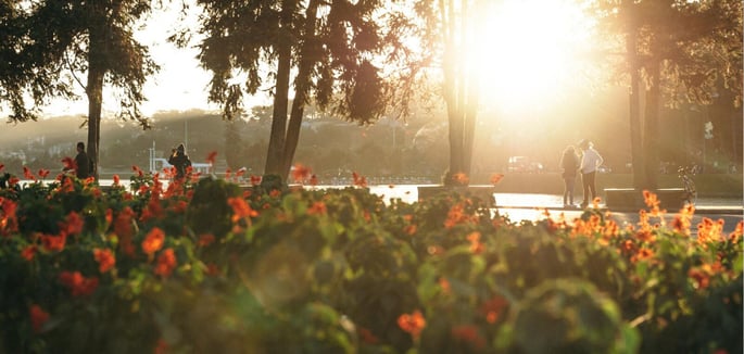 Riverwoods Remodeling with flower bed and people in sunset