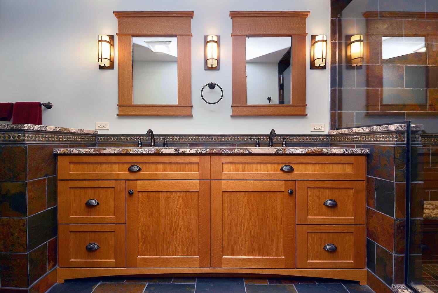 Master Craftsman Style Bathroom Vanity With Double Sinks and Built-In Storage- addition costs in Northwest Suburbs