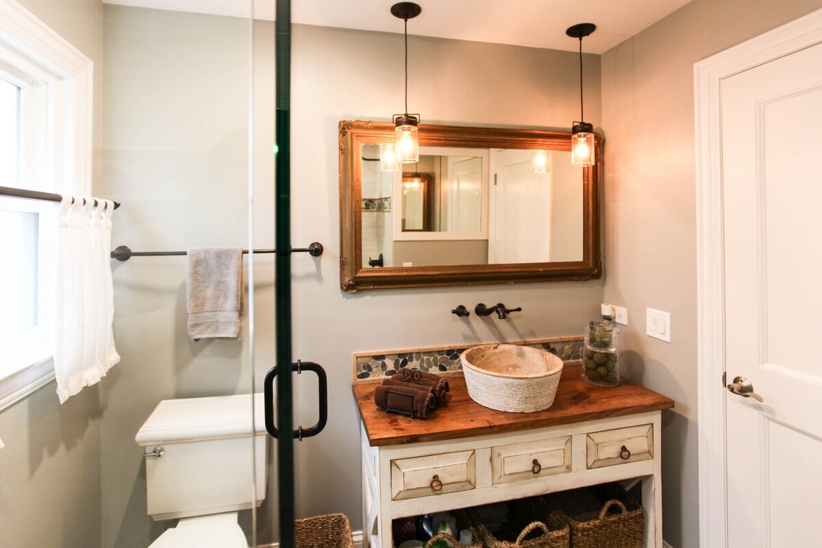 Bathroom remodel with vessel sink and walk-in shower