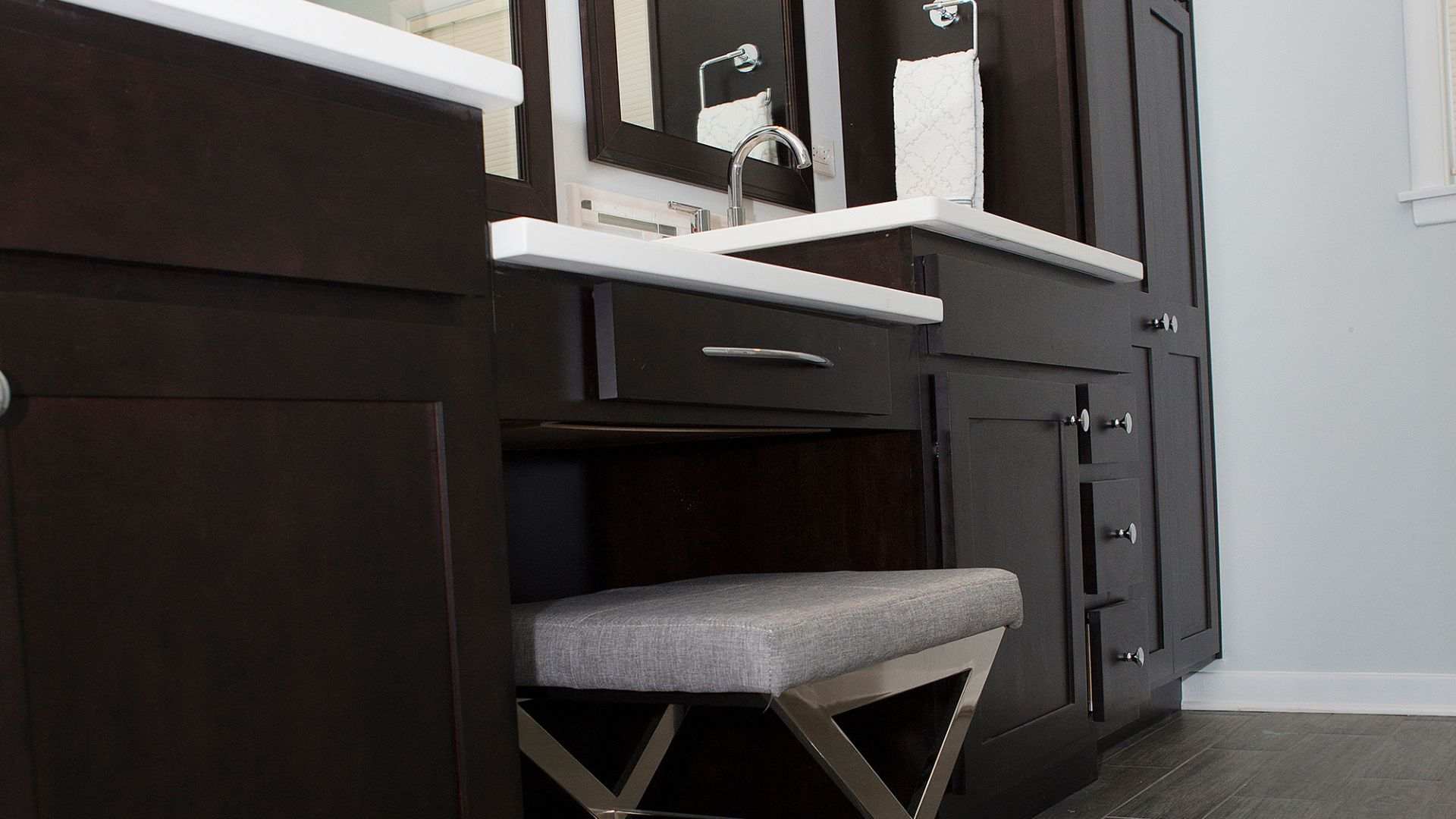 Custom Double Vanity With Seating Area and Accessory Drawer