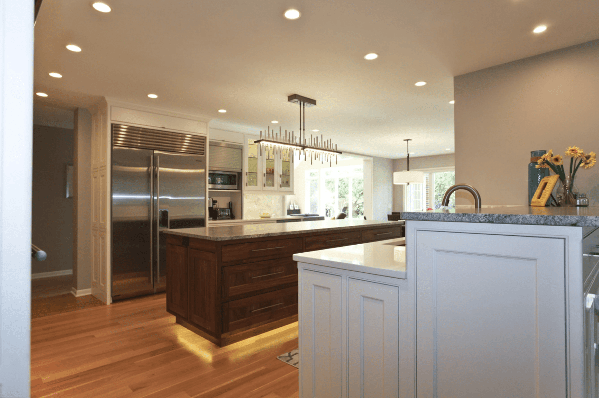 custom kitchem remodel in chicago suburbs with lots of lights and flooring lights