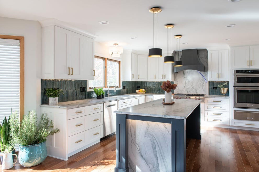 grey and white kitchen remodel with marble countertop island in Arlington Heights