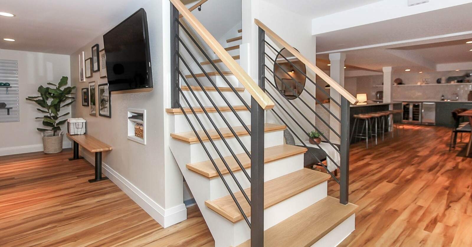 basement staircase with wood flooring-1