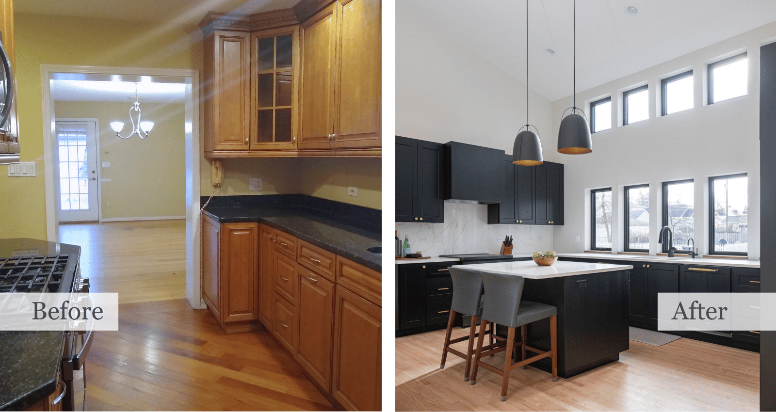 Kitchen renovation before and after, showcasing the conversion of a congested galley layout into a functional open-plan space with an efficient work triangle and large central island.