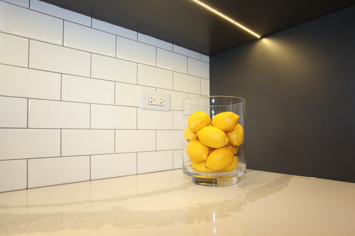 Shot of ceramic white backsplash in kitchen remodel