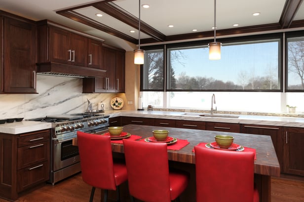walnut wood cabinets inspired kitchen with massive windows looking in backyard in chicago